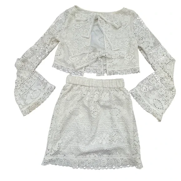 COMMENSE White Lace Cropped Bell Sleeve‎ Mini Skirt Set XS - Picture 7 of 8